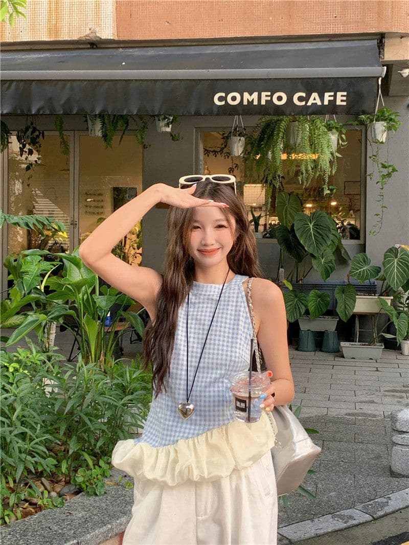원본 원단 것 프랑스식 달콤한 매운맛 바람 파란색 체크무늬 행침 목 조끼 여성 여름 몸매 가꾸기 슬림해 보이는 민소매 맨위 상세 이미지 5