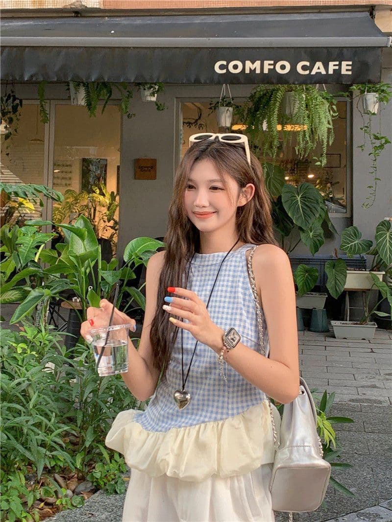 원본 원단 것 프랑스식 달콤한 매운맛 바람 파란색 체크무늬 행침 목 조끼 여성 여름 몸매 가꾸기 슬림해 보이는 민소매 맨위 상세 이미지 6