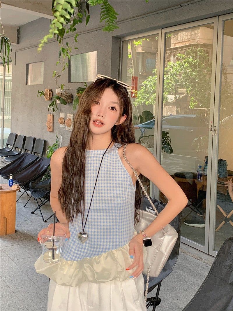 원본 원단 것 프랑스식 달콤한 매운맛 바람 파란색 체크무늬 행침 목 조끼 여성 여름 몸매 가꾸기 슬림해 보이는 민소매 맨위 상세 이미지 7