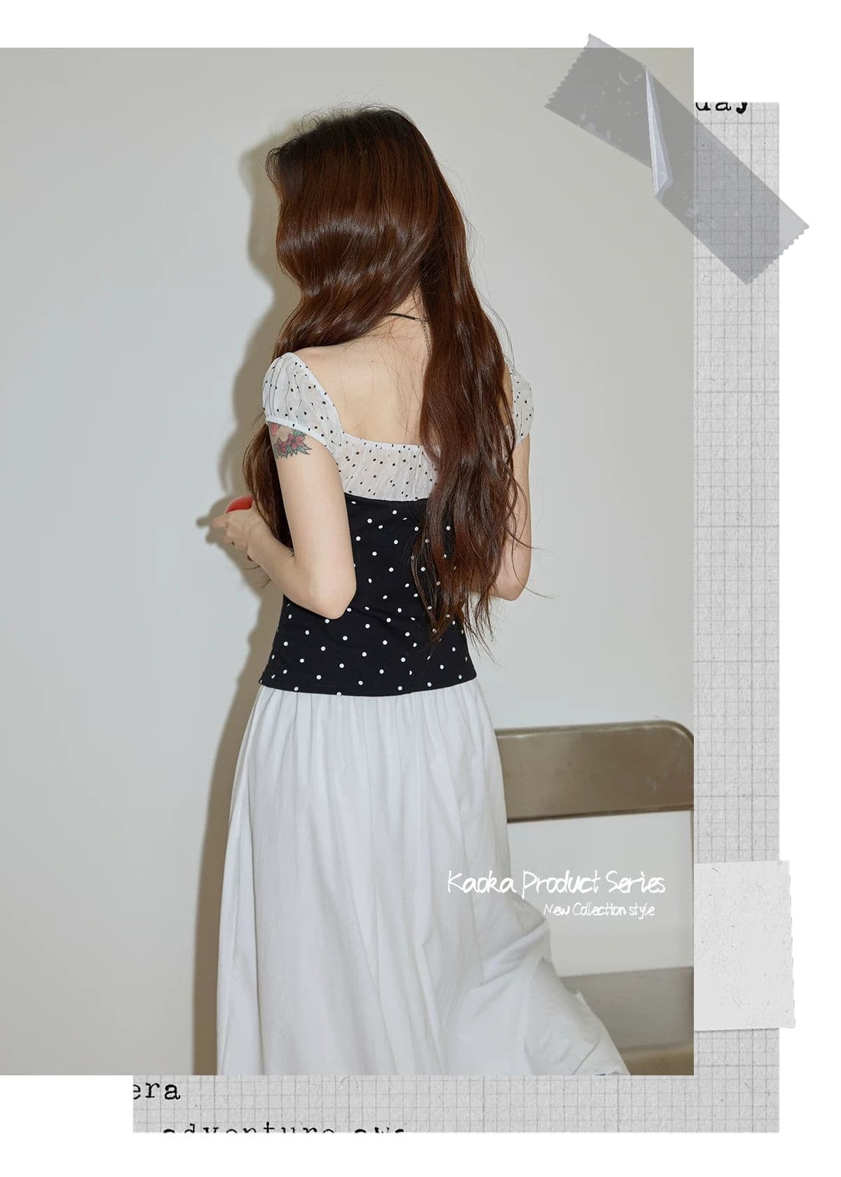 원본 원단 것 검정색 도트 무늬 오프숄더 반팔 티셔츠 여성 여름 디자인 센스 몸매 가꾸기 오프숄더 맨위 여름 상세 이미지 3