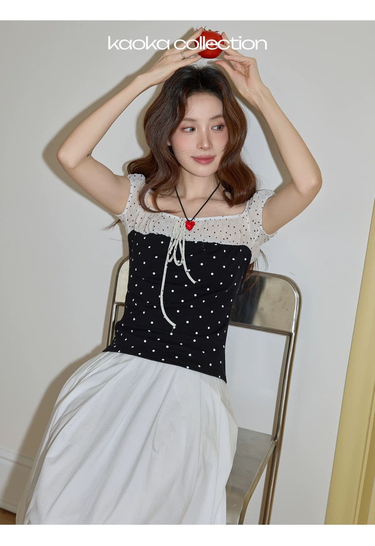 원본 원단 것 검정색 도트 무늬 오프숄더 반팔 티셔츠 여성 여름 디자인 센스 몸매 가꾸기 오프숄더 맨위 여름 상세 이미지 5