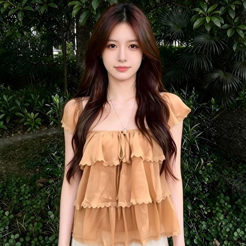 원본 원단 것 달콤한 스타일 레이스 레이스 쉬폰 블라우스 2026 여름 새로운 Chic 프릴 맨위 이미지 4