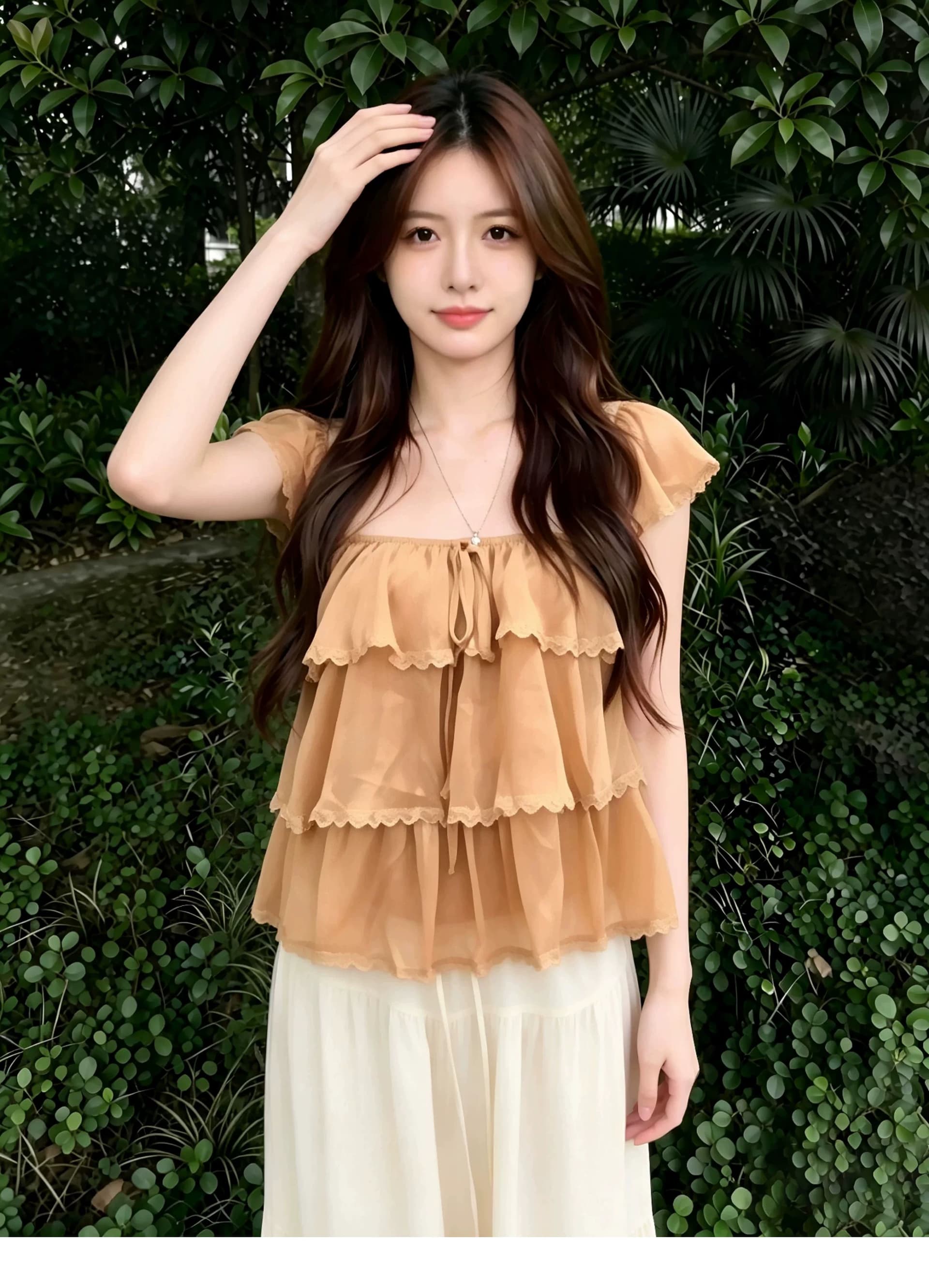 원본 원단 것 달콤한 스타일 레이스 레이스 쉬폰 블라우스 2026 여름 새로운 Chic 프릴 맨위 상세 이미지 4