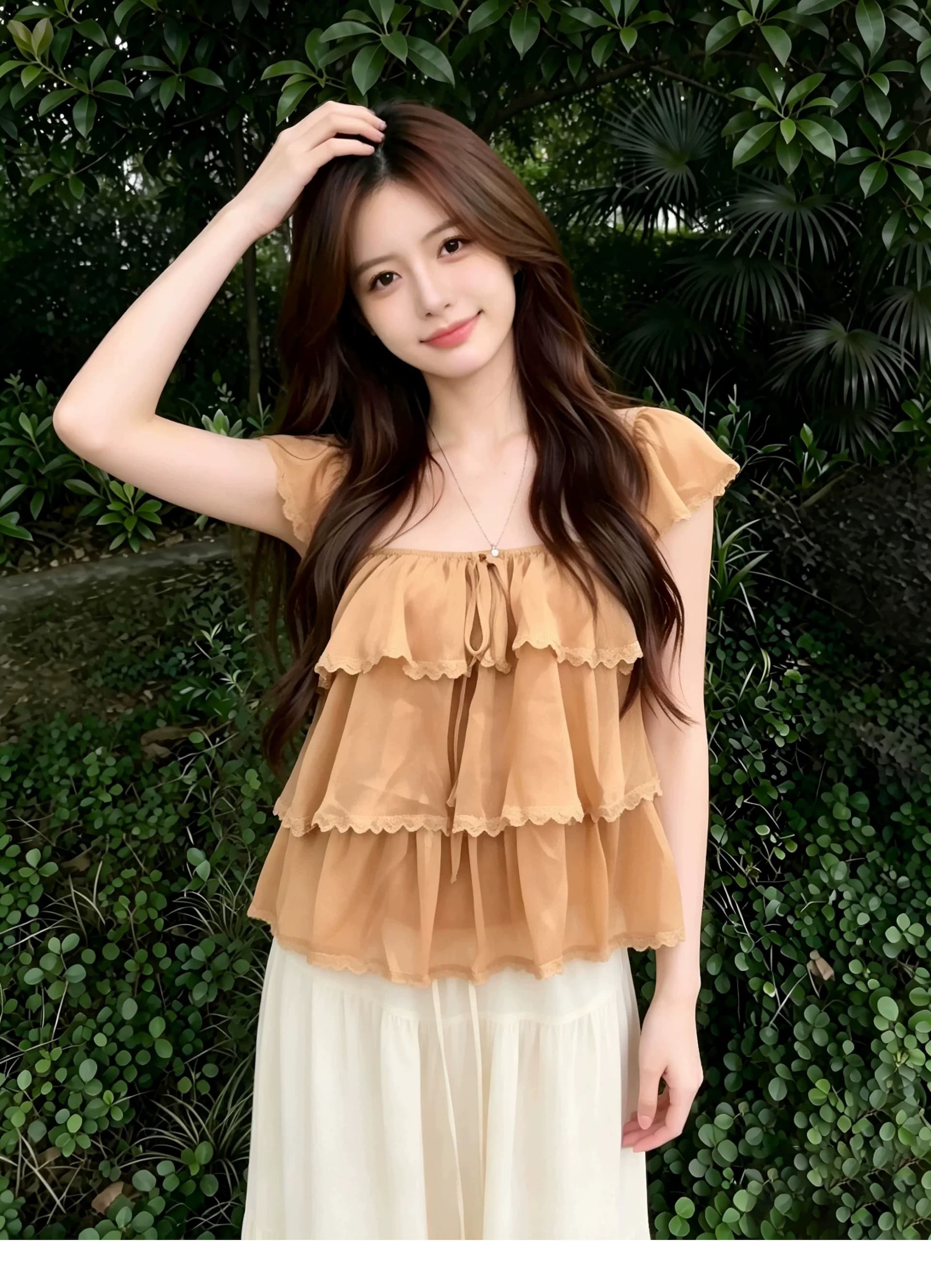 원본 원단 것 달콤한 스타일 레이스 레이스 쉬폰 블라우스 2026 여름 새로운 Chic 프릴 맨위 상세 이미지 5