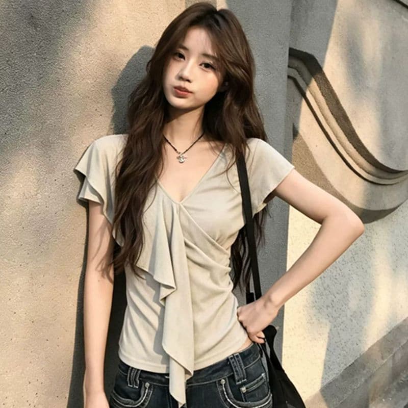 올해 인기 ~ 중 폭발 여성 의류 프릴 순수한 욕망 V넥 반팔 티셔츠 품격 허리 수축 슬림해 보이는 몸매 가꾸기 맨위 트렌디 이미지 5