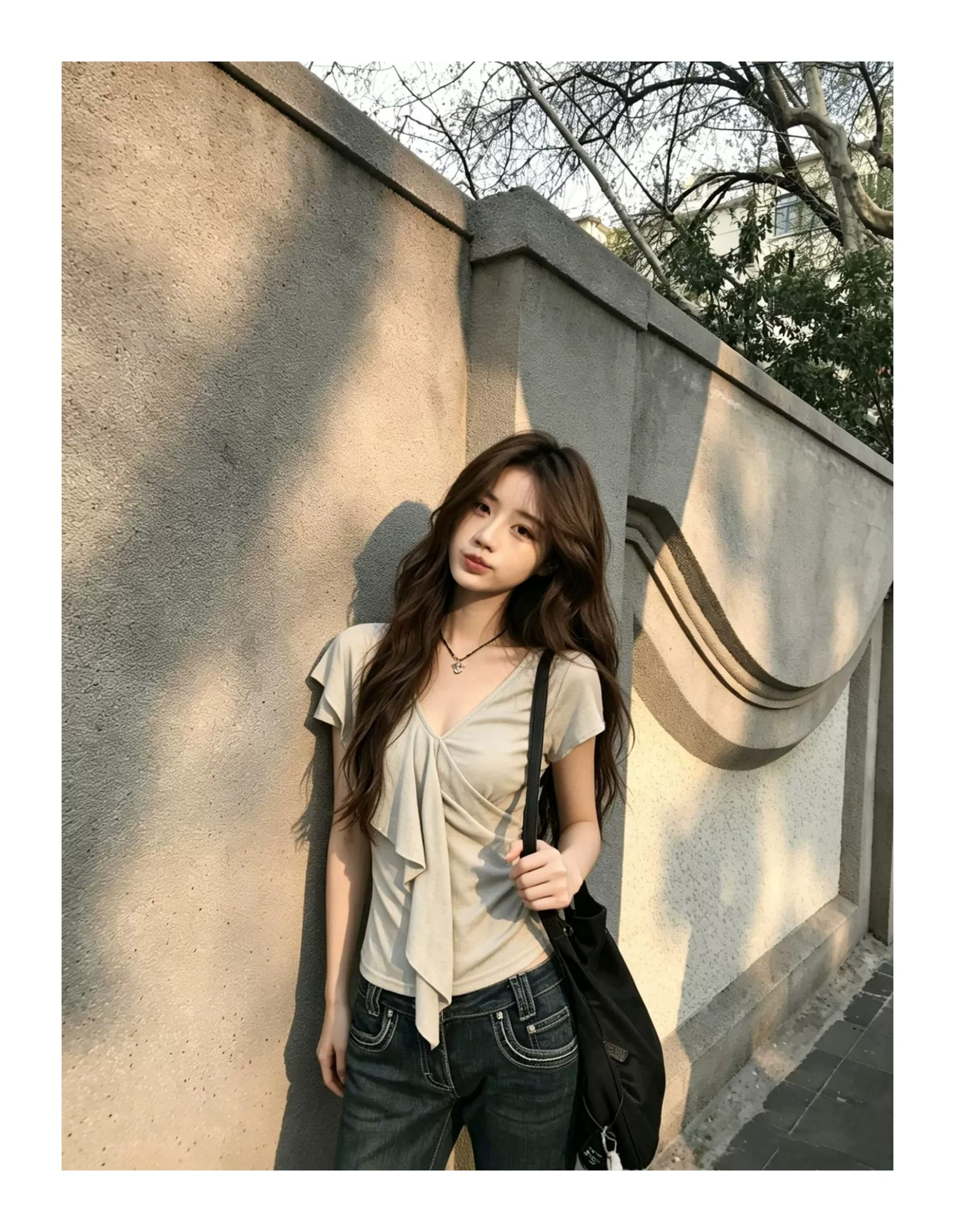 올해 인기 ~ 중 폭발 여성 의류 프릴 순수한 욕망 V넥 반팔 티셔츠 품격 허리 수축 슬림해 보이는 몸매 가꾸기 맨위 트렌디 상세 이미지 4