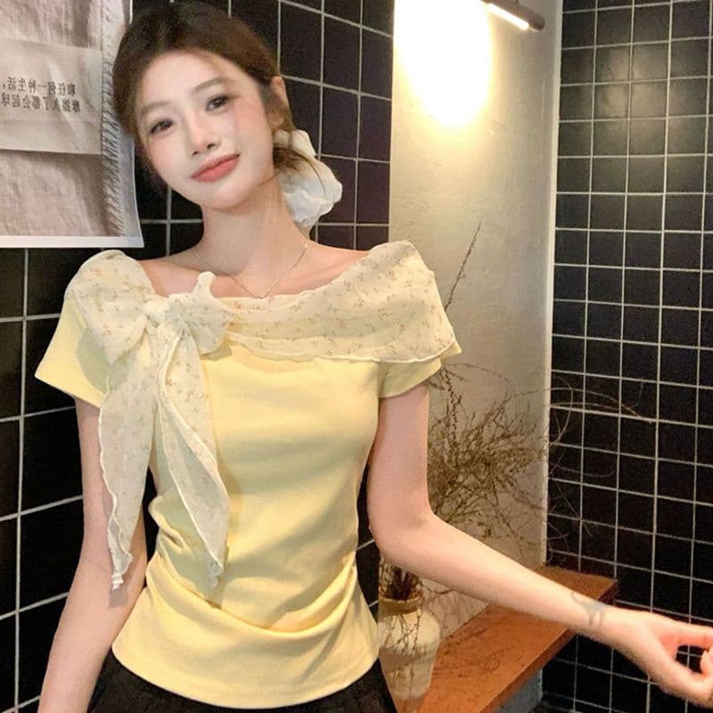 품격 부드러운 바람 오프숄더 꽃무늬 리본 반팔 티셔츠 여성 여름 몸매 가꾸기 슬림해 보이는 품격 연령 감소 다용도 맨위 이미지 5