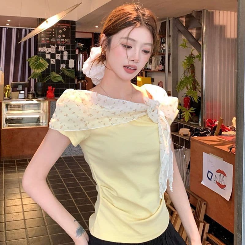 품격 부드러운 바람 오프숄더 꽃무늬 리본 반팔 티셔츠 여성 여름 몸매 가꾸기 슬림해 보이는 품격 연령 감소 다용도 맨위 이미지 4