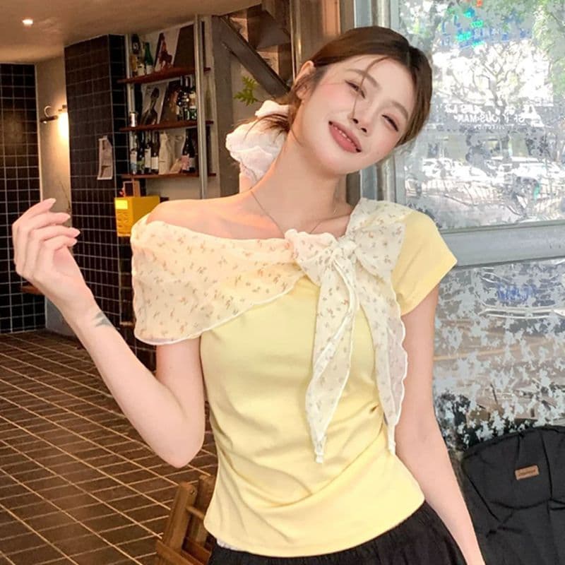 품격 부드러운 바람 오프숄더 꽃무늬 리본 반팔 티셔츠 여성 여름 몸매 가꾸기 슬림해 보이는 품격 연령 감소 다용도 맨위 이미지 3