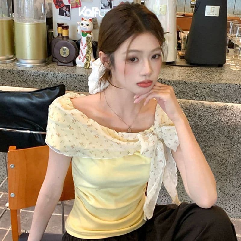 품격 부드러운 바람 오프숄더 꽃무늬 리본 반팔 티셔츠 여성 여름 몸매 가꾸기 슬림해 보이는 품격 연령 감소 다용도 맨위 이미지 2