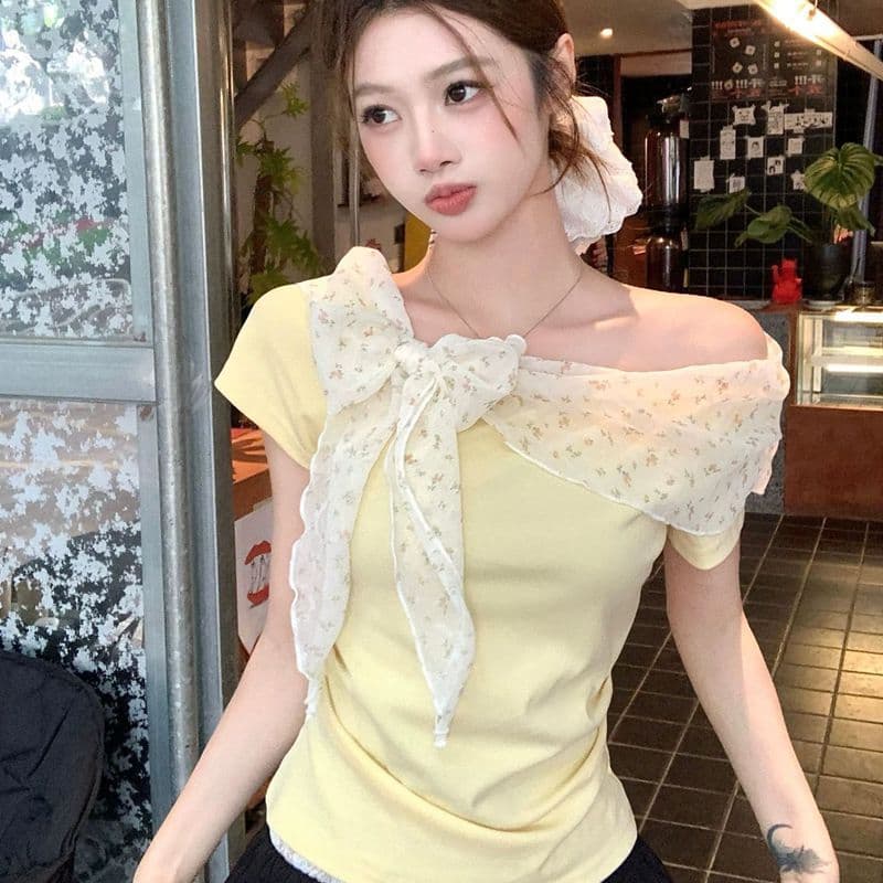 품격 부드러운 바람 오프숄더 꽃무늬 리본 반팔 티셔츠 여성 여름 몸매 가꾸기 슬림해 보이는 품격 연령 감소 다용도 맨위