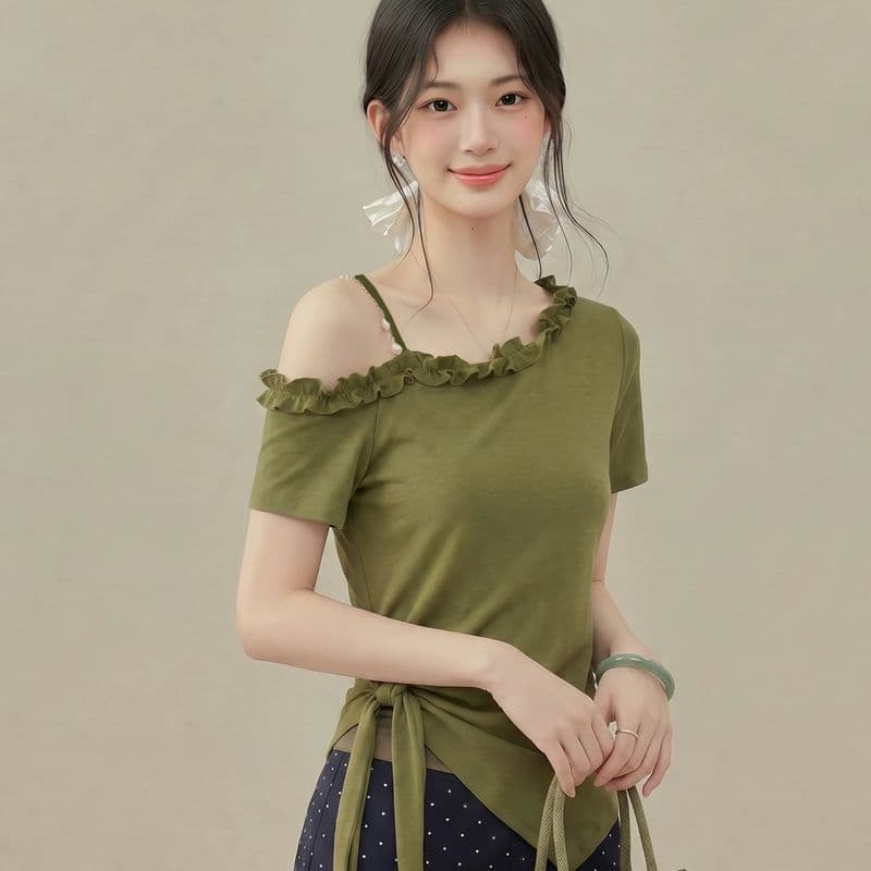 불규칙 프릴 비스듬한 칼라 오프숄더 스트랩 허리 수축 반팔 티셔츠 여성 2026 여름 새로운 디자인 센스 맨위 이미지 3