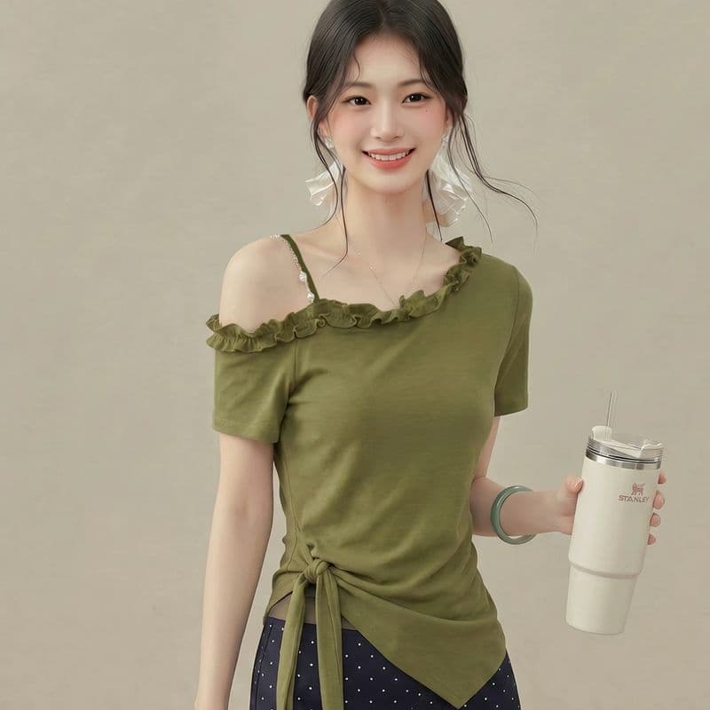 불규칙 프릴 비스듬한 칼라 오프숄더 스트랩 허리 수축 반팔 티셔츠 여성 2026 여름 새로운 디자인 센스 맨위 이미지 5