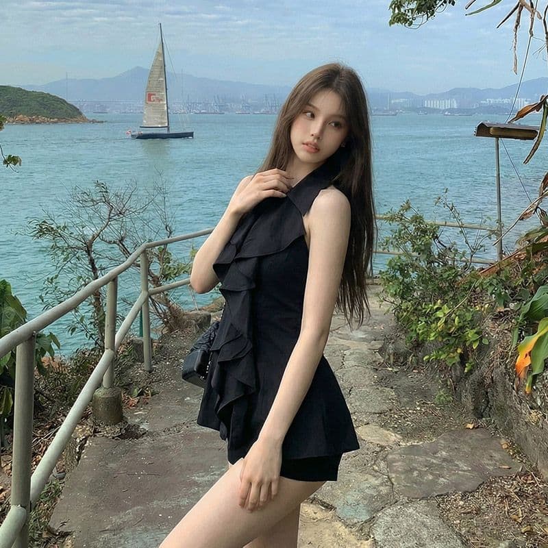 2026 가을 프릴 민소매 셔츠 맨위 여성 여름 프랑스식 품격 중간 길이 허리 수축 몸매 가꾸기 셔츠 이미지 4