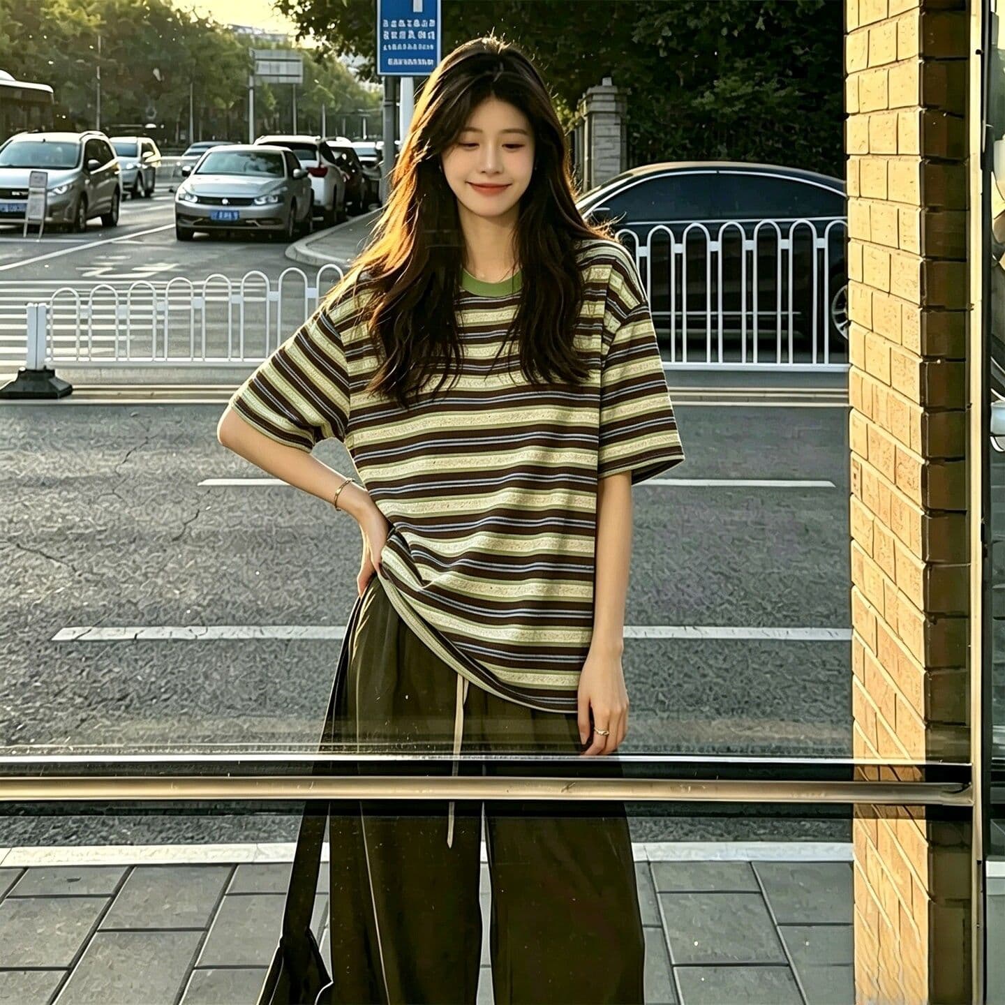 2026 여름 버터 과일 색상 일치 한 부서 느긋한 스트라이프 배색 반팔 티셔츠 여성 여름 와이드 느슨함 센스 맨위 이미지 4