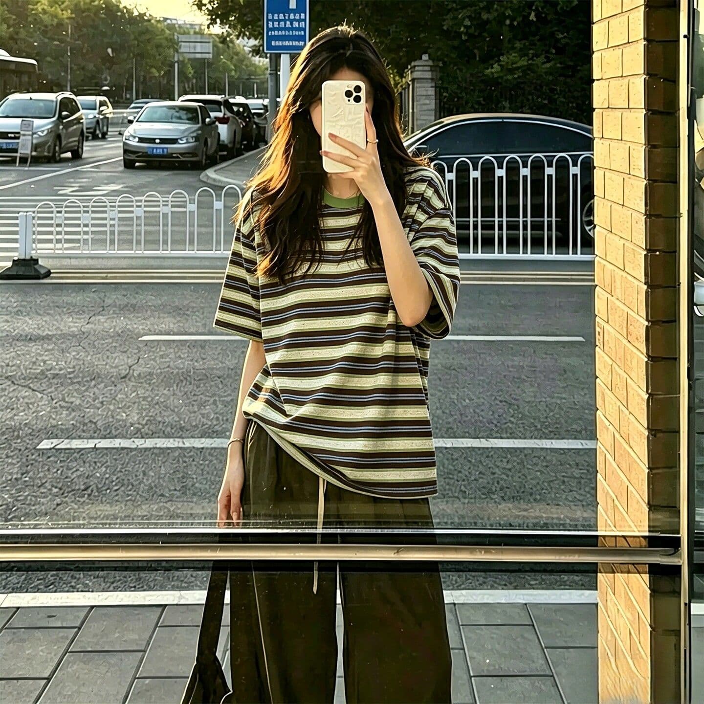 2026 여름 버터 과일 색상 일치 한 부서 느긋한 스트라이프 배색 반팔 티셔츠 여성 여름 와이드 느슨함 센스 맨위