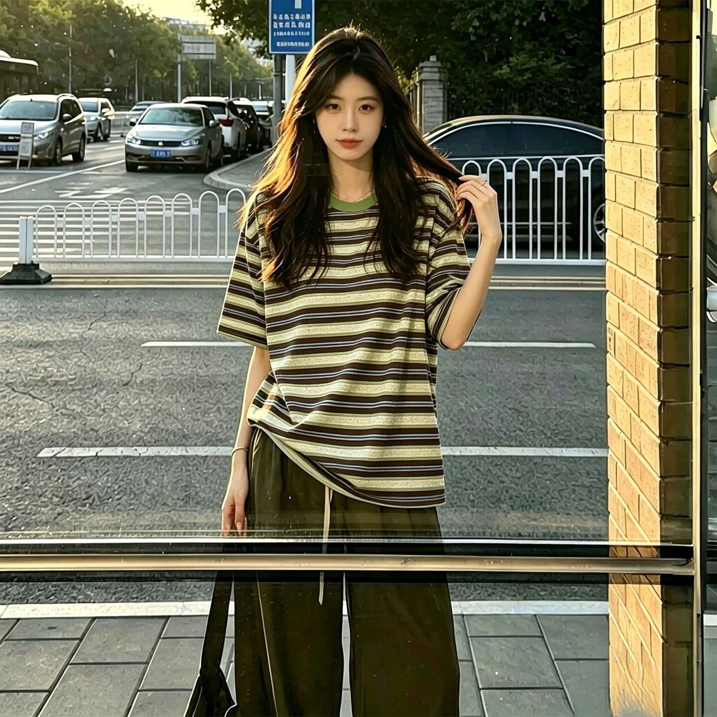 2026 여름 버터 과일 색상 일치 한 부서 느긋한 스트라이프 배색 반팔 티셔츠 여성 여름 와이드 느슨함 센스 맨위 이미지 3
