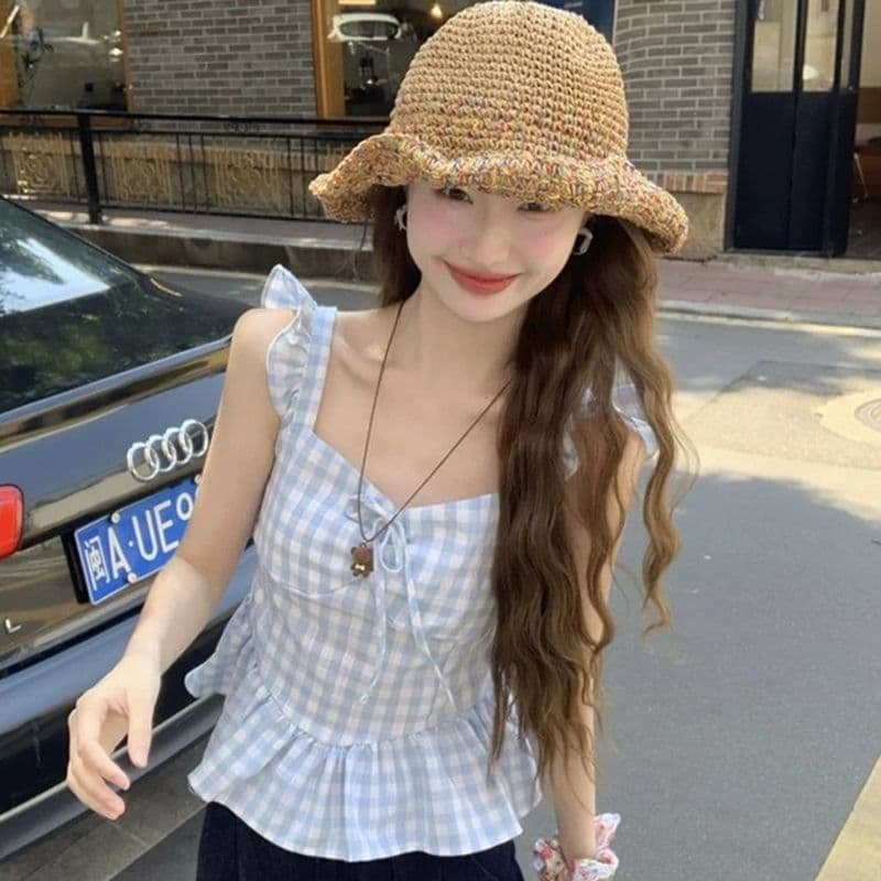 2026 새로운 파란색 체크무늬 작은 날다 소매 캐미솔 여름 순수한 욕망 바람 프릴 몸매 가꾸기 슬림해 보이는 맨위 이미지 2