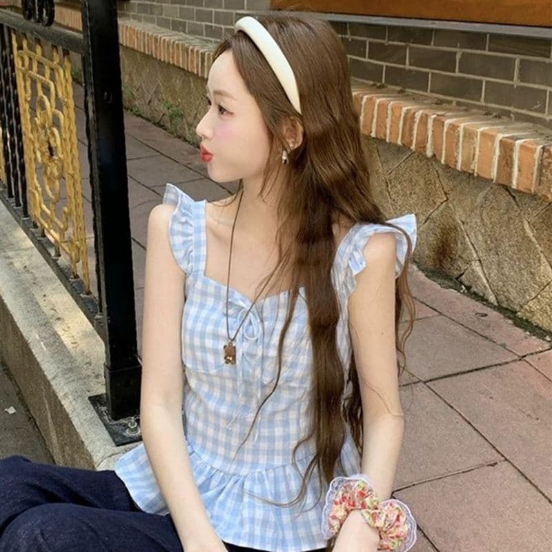 2026 새로운 파란색 체크무늬 작은 날다 소매 캐미솔 여름 순수한 욕망 바람 프릴 몸매 가꾸기 슬림해 보이는 맨위 이미지 5