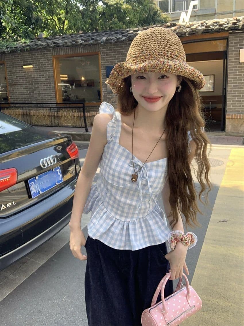 2026 새로운 파란색 체크무늬 작은 날다 소매 캐미솔 여름 순수한 욕망 바람 프릴 몸매 가꾸기 슬림해 보이는 맨위 상세 이미지 1