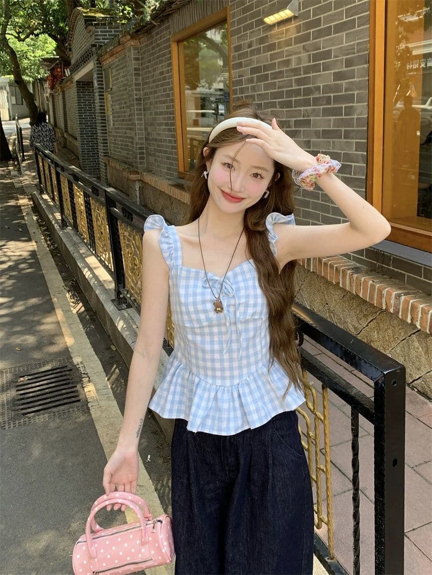 2026 새로운 파란색 체크무늬 작은 날다 소매 캐미솔 여름 순수한 욕망 바람 프릴 몸매 가꾸기 슬림해 보이는 맨위 상세 이미지 2