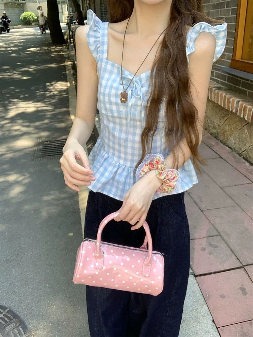 2026 새로운 파란색 체크무늬 작은 날다 소매 캐미솔 여름 순수한 욕망 바람 프릴 몸매 가꾸기 슬림해 보이는 맨위 상세 이미지 4