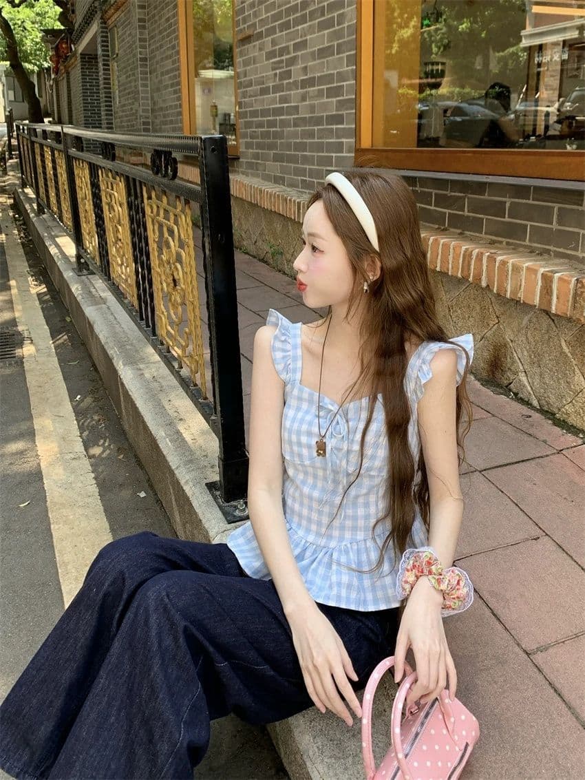 2026 새로운 파란색 체크무늬 작은 날다 소매 캐미솔 여름 순수한 욕망 바람 프릴 몸매 가꾸기 슬림해 보이는 맨위 상세 이미지 7