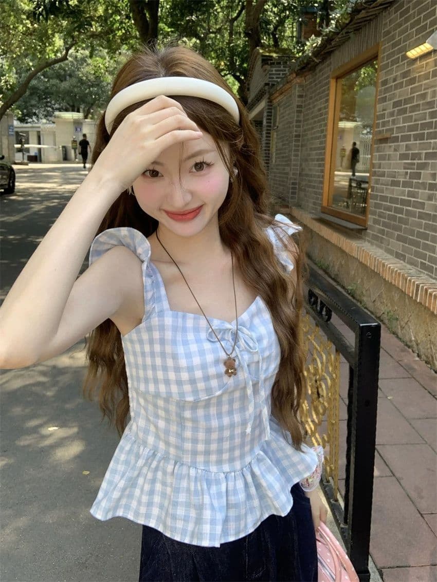 2026 새로운 파란색 체크무늬 작은 날다 소매 캐미솔 여름 순수한 욕망 바람 프릴 몸매 가꾸기 슬림해 보이는 맨위 상세 이미지 8