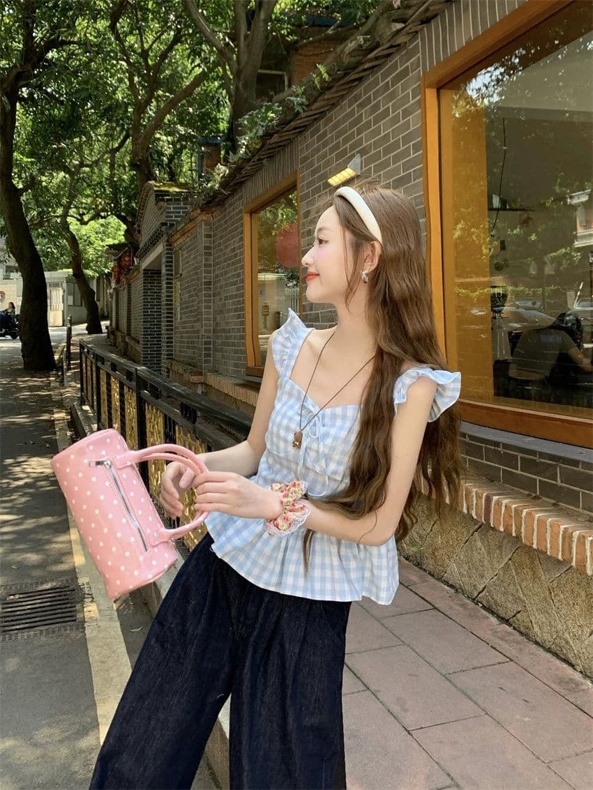 2026 새로운 파란색 체크무늬 작은 날다 소매 캐미솔 여름 순수한 욕망 바람 프릴 몸매 가꾸기 슬림해 보이는 맨위 상세 이미지 9