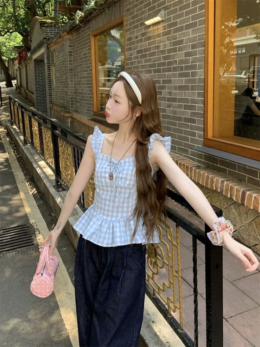2026 새로운 파란색 체크무늬 작은 날다 소매 캐미솔 여름 순수한 욕망 바람 프릴 몸매 가꾸기 슬림해 보이는 맨위 상세 이미지 11