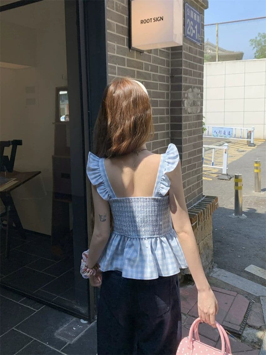 2026 새로운 파란색 체크무늬 작은 날다 소매 캐미솔 여름 순수한 욕망 바람 프릴 몸매 가꾸기 슬림해 보이는 맨위 상세 이미지 14