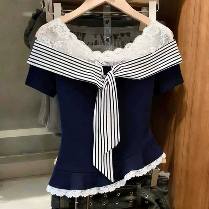 순수한 욕망 달콤한 핫걸 레이스 조각 페이크 레이어드 스트라이프 반팔 티셔츠 여성 디자인 센스 여름 몸매 가꾸기 쇼트 스타일 맨위 이미지 5