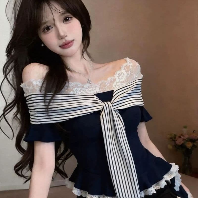 순수한 욕망 달콤한 핫걸 레이스 조각 페이크 레이어드 스트라이프 반팔 티셔츠 여성 디자인 센스 여름 몸매 가꾸기 쇼트 스타일 맨위 이미지 2