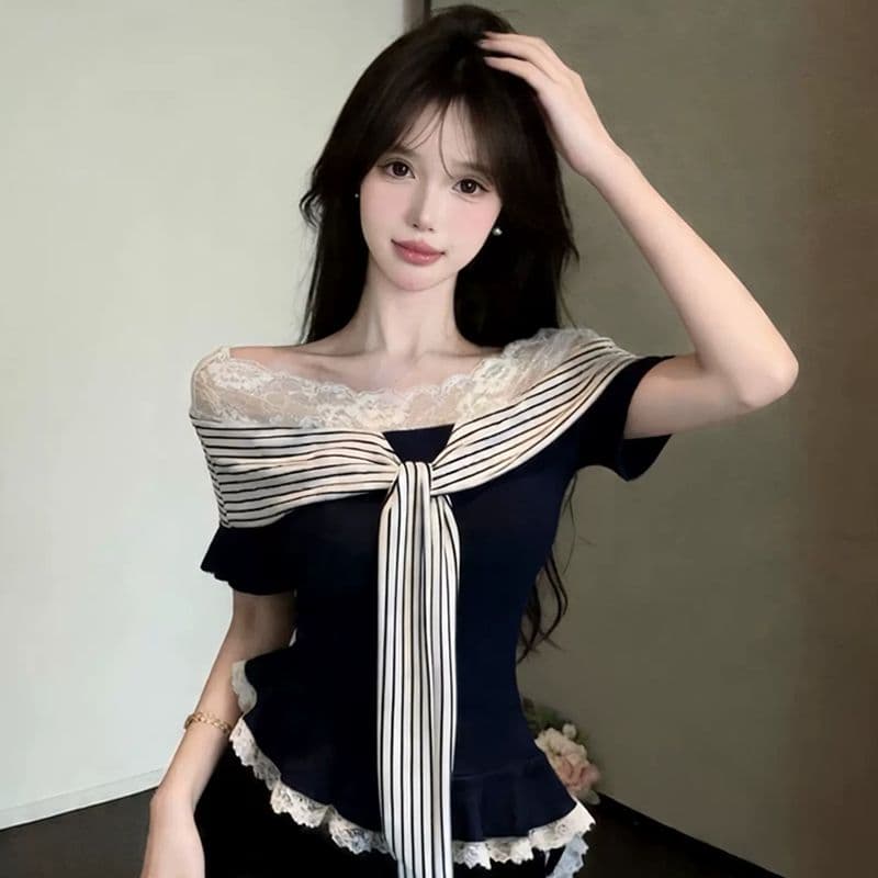 순수한 욕망 달콤한 핫걸 레이스 조각 페이크 레이어드 스트라이프 반팔 티셔츠 여성 디자인 센스 여름 몸매 가꾸기 쇼트 스타일 맨위 이미지 3
