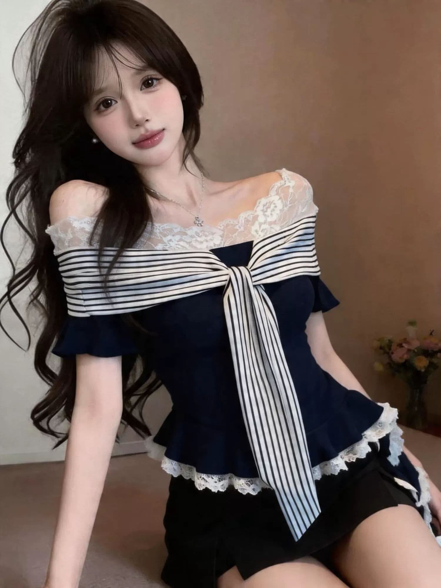 순수한 욕망 달콤한 핫걸 레이스 조각 페이크 레이어드 스트라이프 반팔 티셔츠 여성 디자인 센스 여름 몸매 가꾸기 쇼트 스타일 맨위 상세 이미지 1
