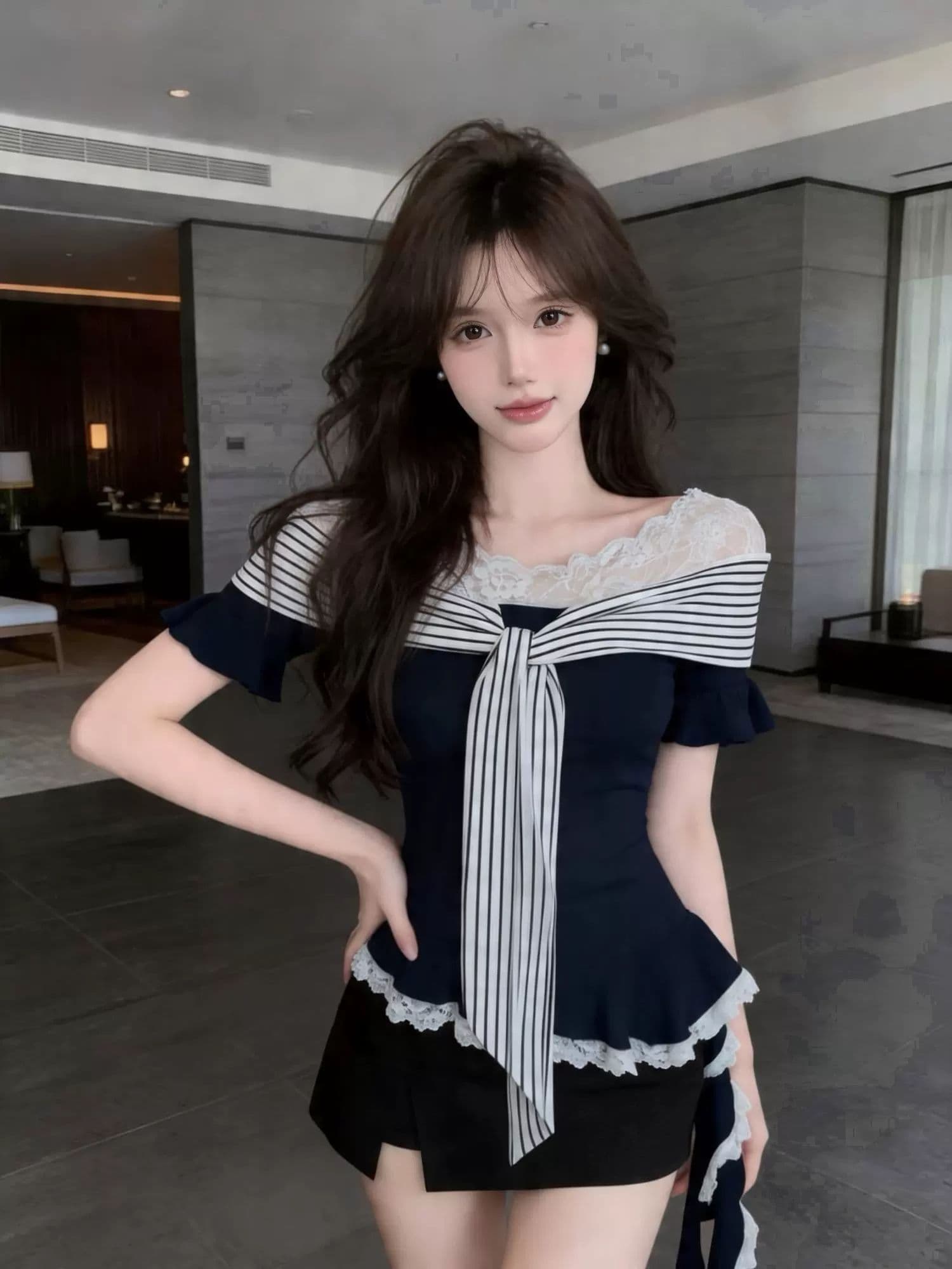 순수한 욕망 달콤한 핫걸 레이스 조각 페이크 레이어드 스트라이프 반팔 티셔츠 여성 디자인 센스 여름 몸매 가꾸기 쇼트 스타일 맨위 상세 이미지 3