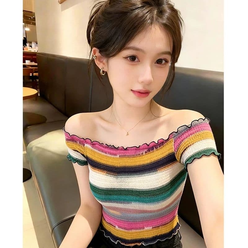 스트라이프 오프숄더 반팔 티셔츠 여성 여름 순수한 욕망 섹시함 핫걸 몸매 가꾸기 슬림해 보이는 작은 키 쇼트 스타일 오프숄더 맨위 이미지 5