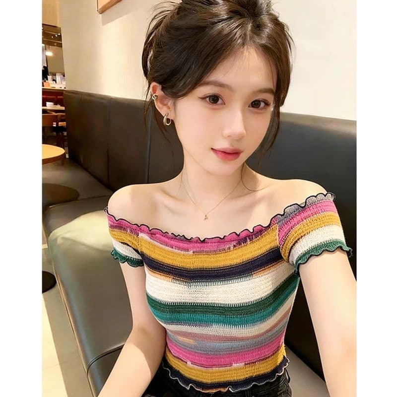 스트라이프 오프숄더 반팔 티셔츠 여성 여름 순수한 욕망 섹시함 핫걸 몸매 가꾸기 슬림해 보이는 작은 키 쇼트 스타일 오프숄더 맨위 이미지 2