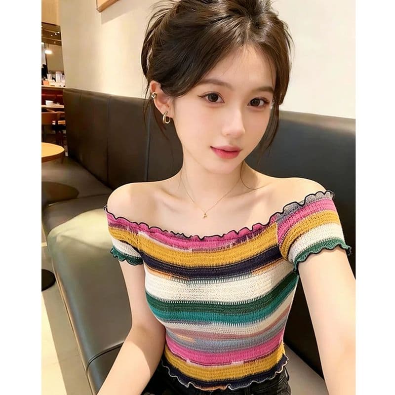 스트라이프 오프숄더 반팔 티셔츠 여성 여름 순수한 욕망 섹시함 핫걸 몸매 가꾸기 슬림해 보이는 작은 키 쇼트 스타일 오프숄더 맨위