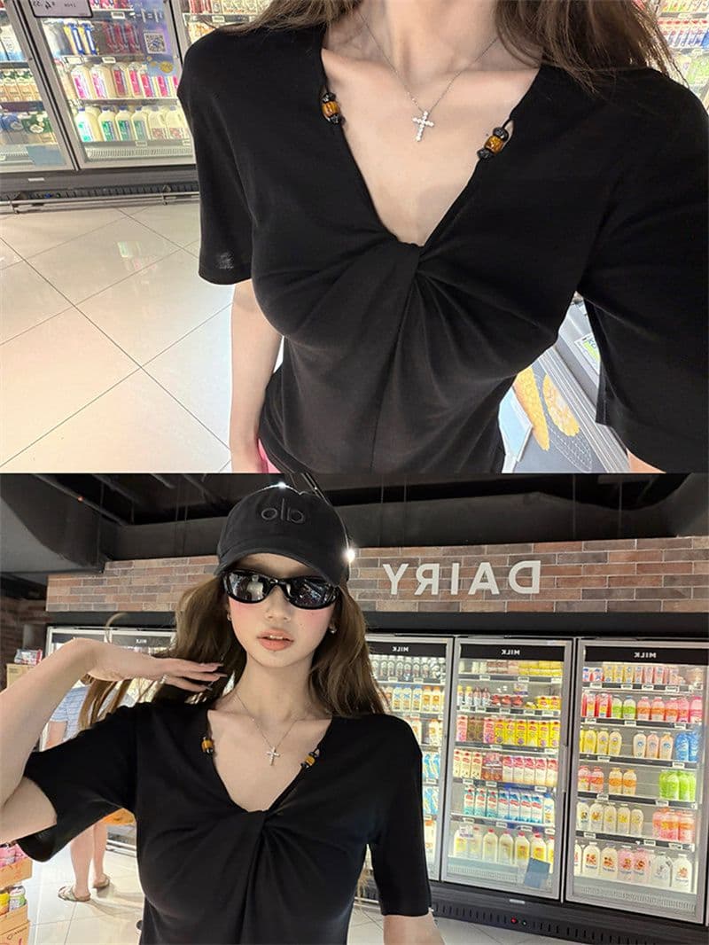 200그램 1 1 인 면 녹색 V넥 비틀림 반팔 티셔츠 여성 여름 디자인 센스 비즈 다용도 맨위 상세 이미지 12