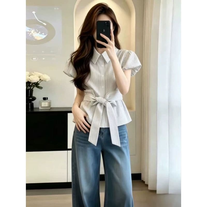 원본 것 작은 대중 폴로 칼라 스트라이프 반팔 여성 셔츠 여름 디자인 센스 허리 수축 슬림해 보이는 스트랩 맨위 이미지 5