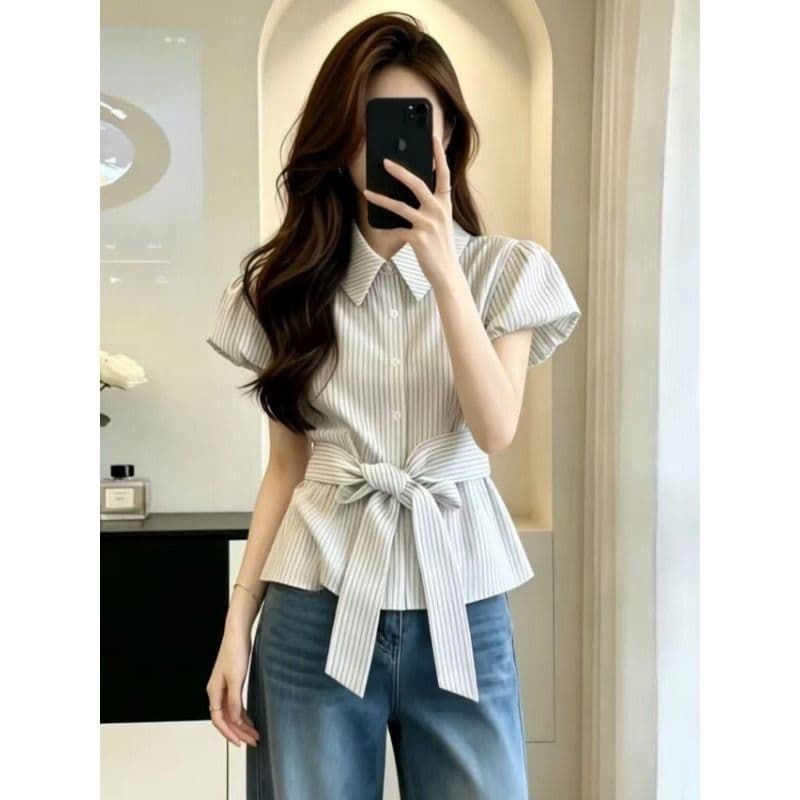 원본 것 작은 대중 폴로 칼라 스트라이프 반팔 여성 셔츠 여름 디자인 센스 허리 수축 슬림해 보이는 스트랩 맨위 이미지 2