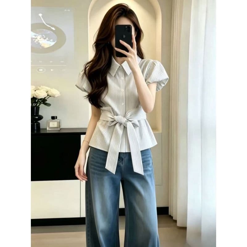 원본 것 작은 대중 폴로 칼라 스트라이프 반팔 여성 셔츠 여름 디자인 센스 허리 수축 슬림해 보이는 스트랩 맨위