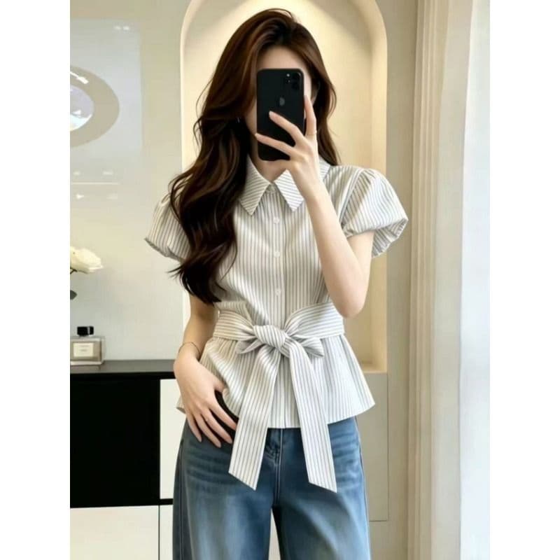 원본 것 작은 대중 폴로 칼라 스트라이프 반팔 여성 셔츠 여름 디자인 센스 허리 수축 슬림해 보이는 스트랩 맨위 이미지 4