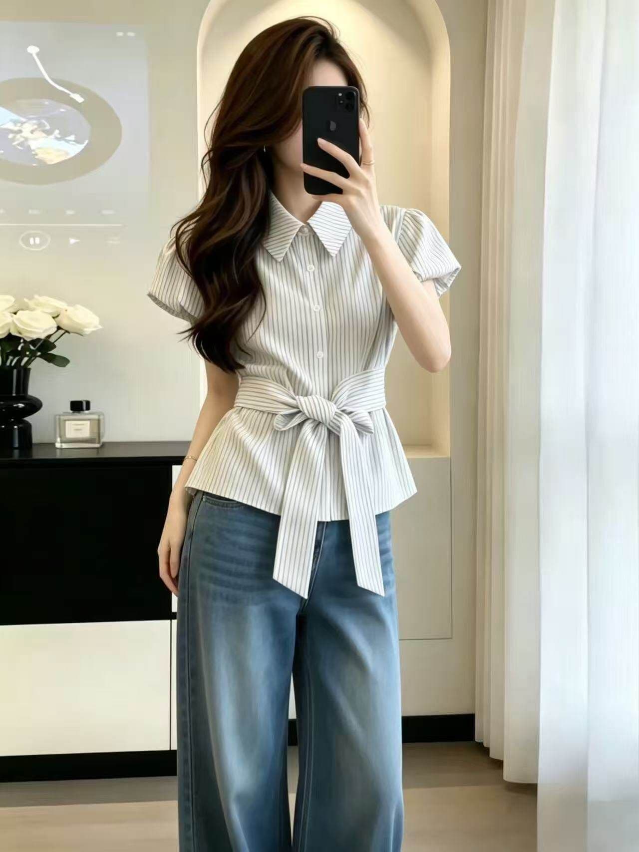 원본 것 작은 대중 폴로 칼라 스트라이프 반팔 여성 셔츠 여름 디자인 센스 허리 수축 슬림해 보이는 스트랩 맨위 상세 이미지 4