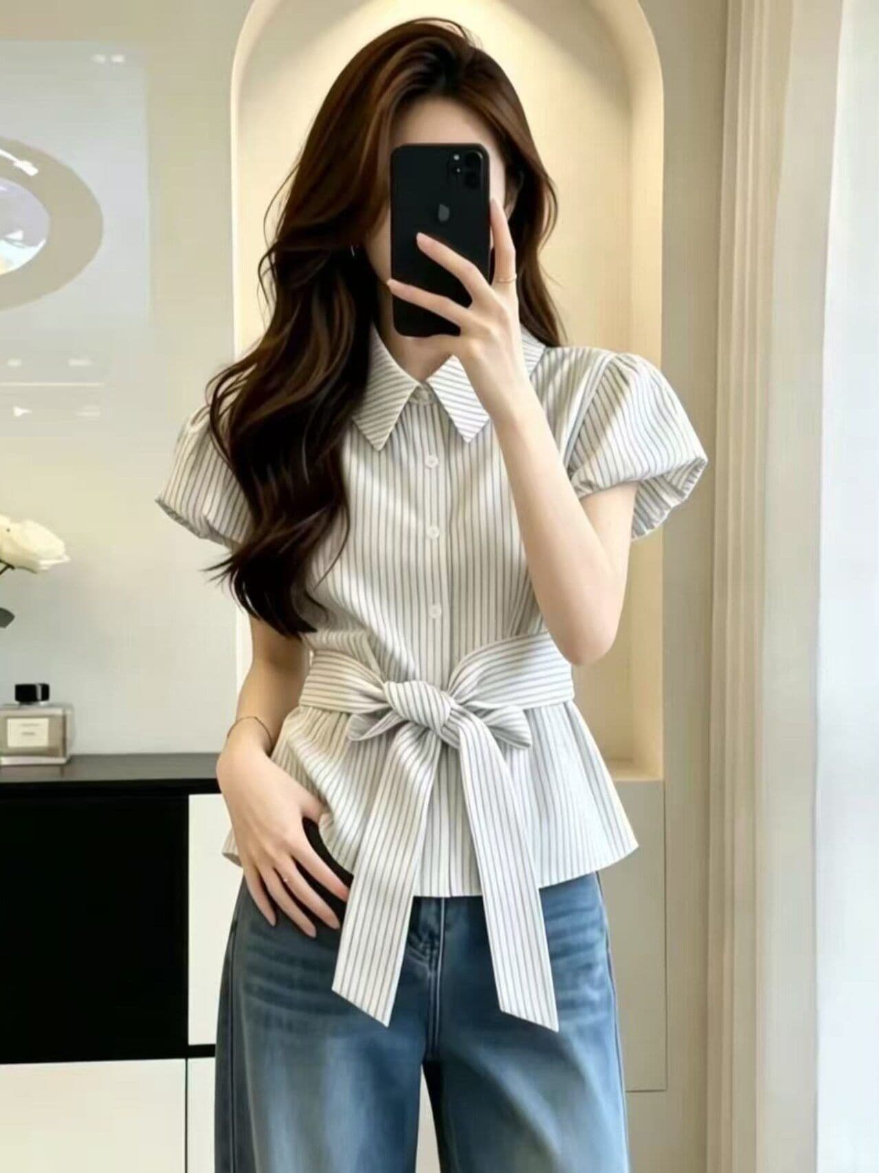 원본 것 작은 대중 폴로 칼라 스트라이프 반팔 여성 셔츠 여름 디자인 센스 허리 수축 슬림해 보이는 스트랩 맨위 상세 이미지 7