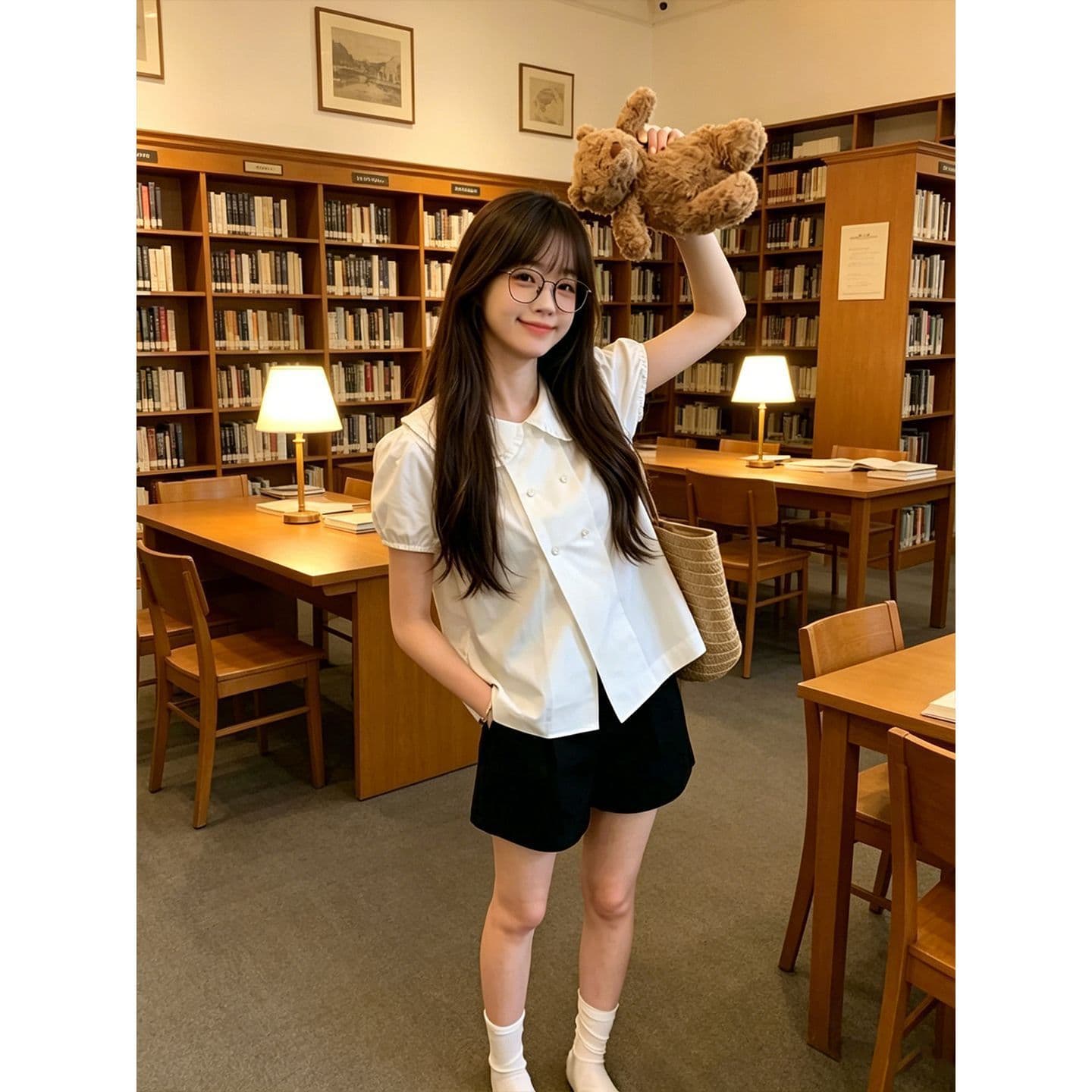 화이트 베이비 칼라 이중 버튼 반팔 셔츠 여자 여름 새로운 디자인 센스 거품 소매 쇼트 스타일 셔츠 맨위 이미지 5