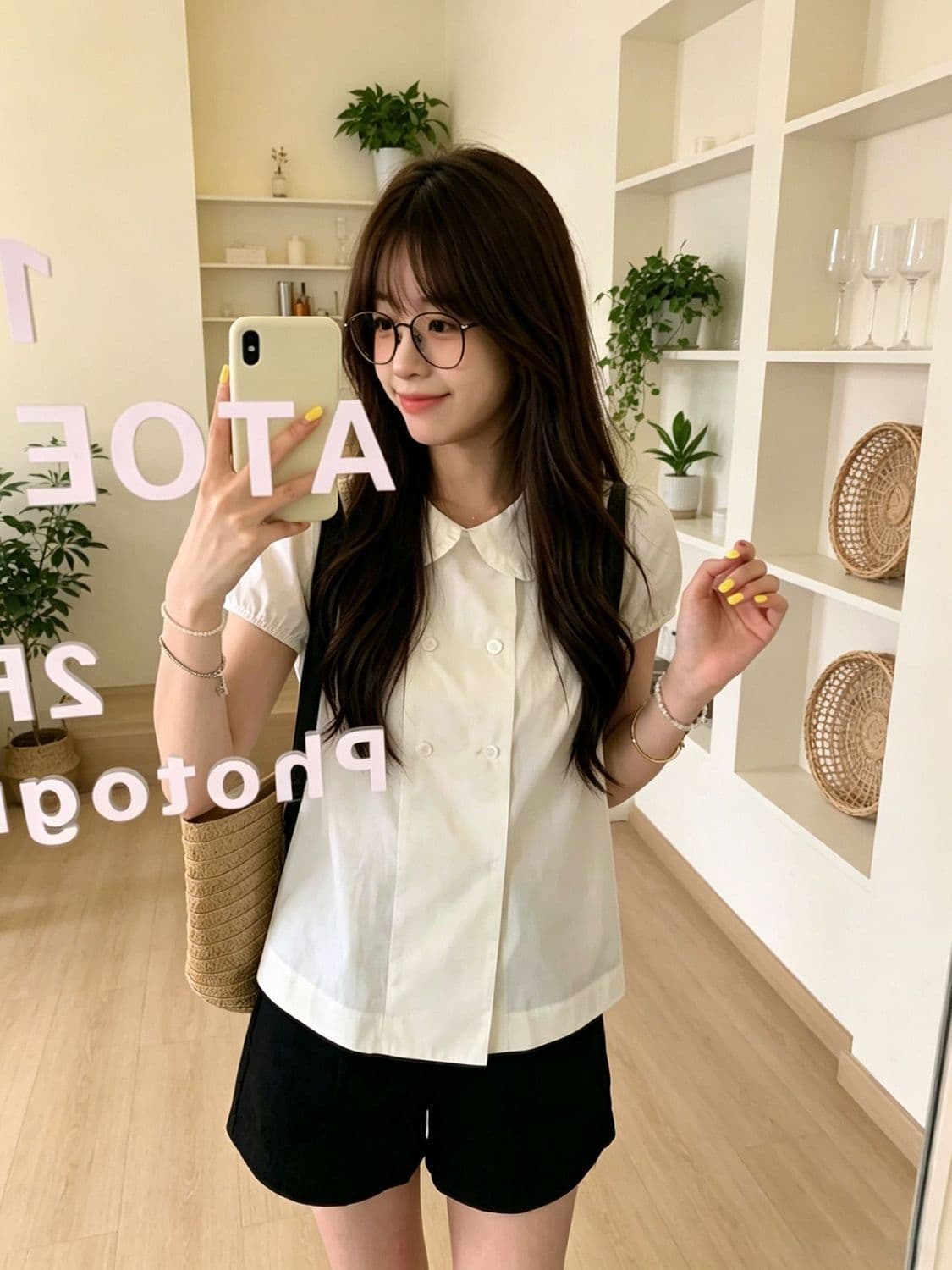 화이트 베이비 칼라 이중 버튼 반팔 셔츠 여자 여름 새로운 디자인 센스 거품 소매 쇼트 스타일 셔츠 맨위 상세 이미지 2