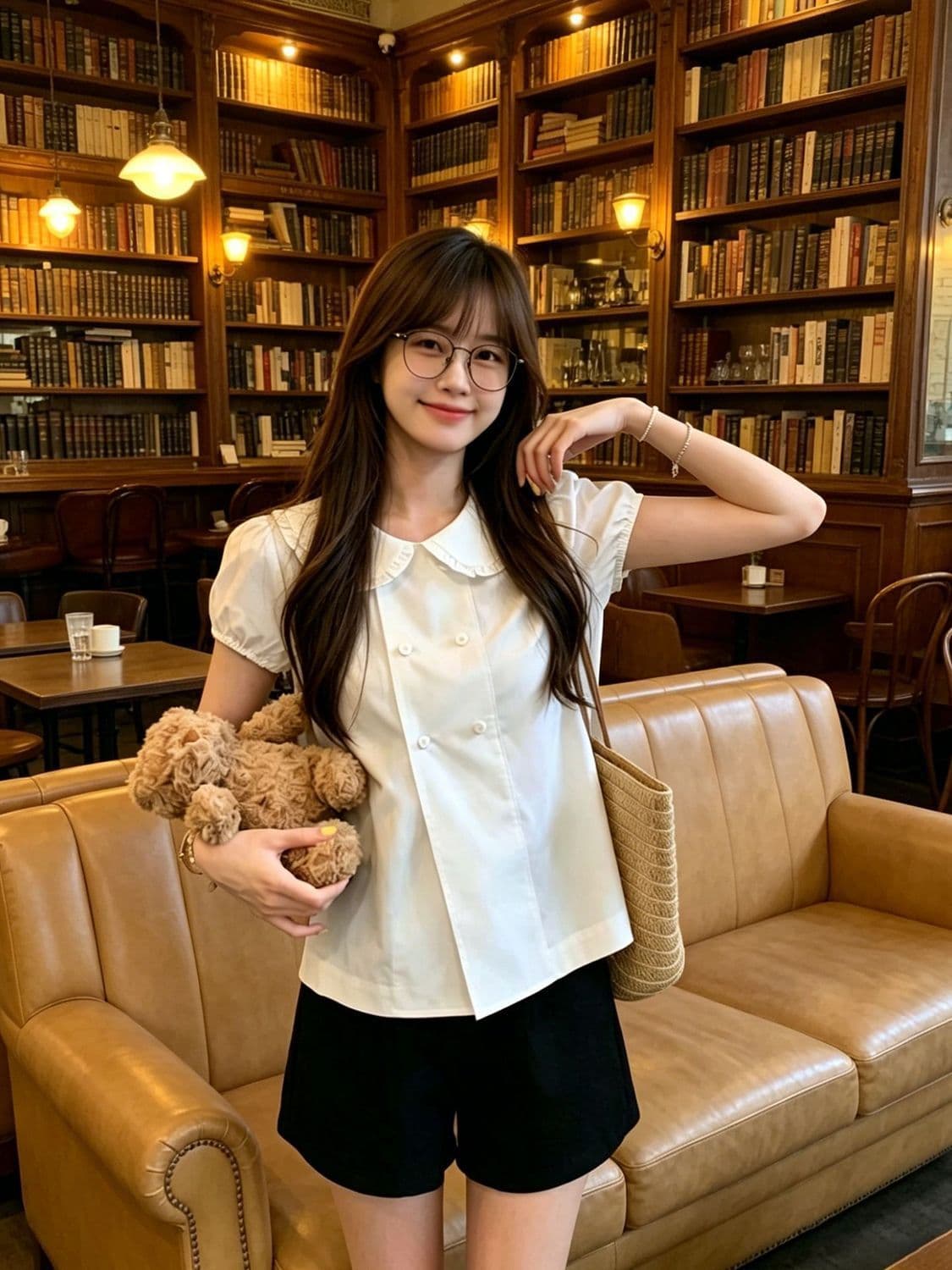 화이트 베이비 칼라 이중 버튼 반팔 셔츠 여자 여름 새로운 디자인 센스 거품 소매 쇼트 스타일 셔츠 맨위 상세 이미지 5