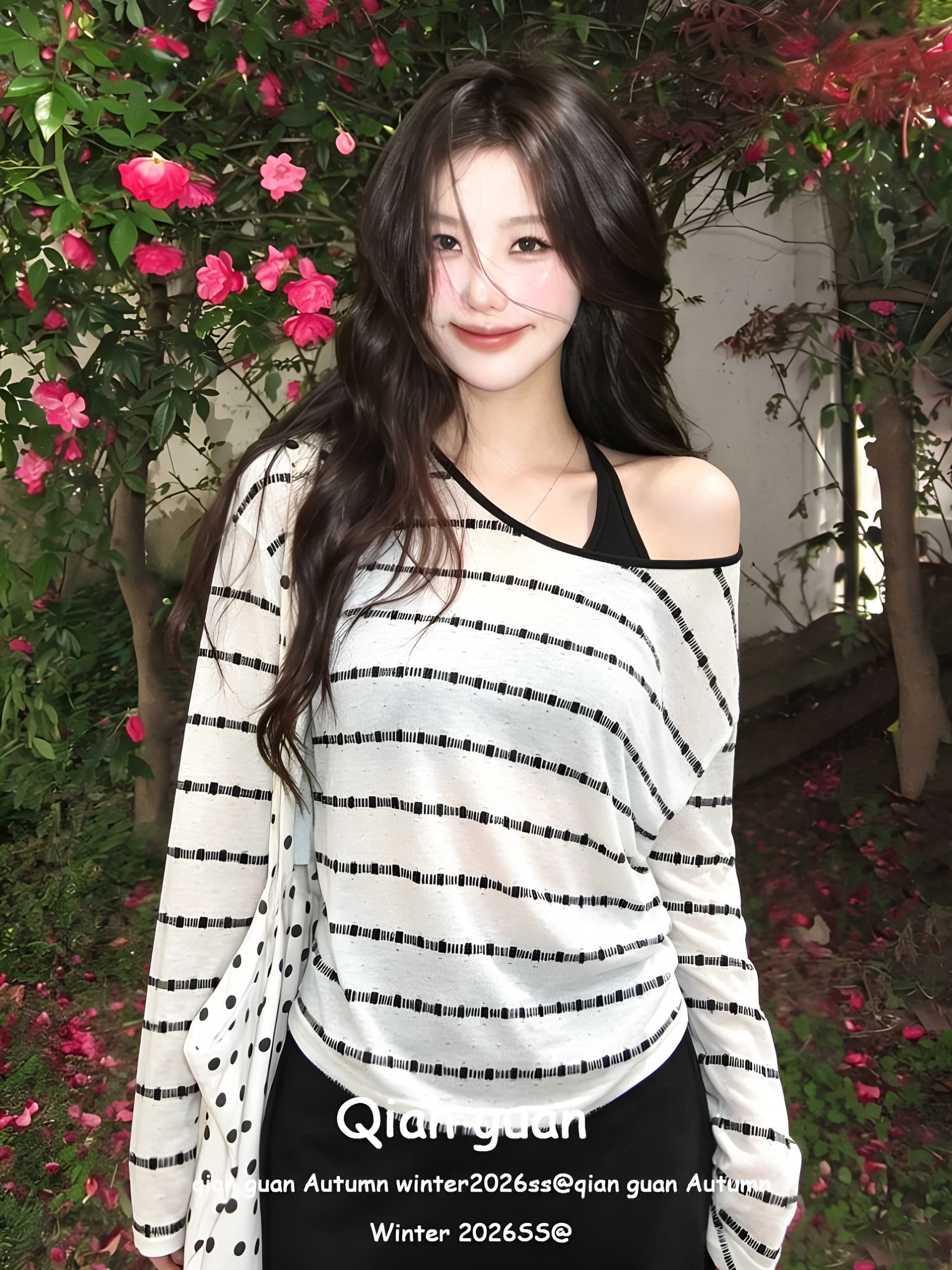 원본 컬러 짜임 스트라이프 비스듬한 어깨 긴팔 여성 여름 홀로우 아웃 자외선 차단 블라우스 루즈핏 오프숄더 맨위 투피스 세트 상세 이미지 6